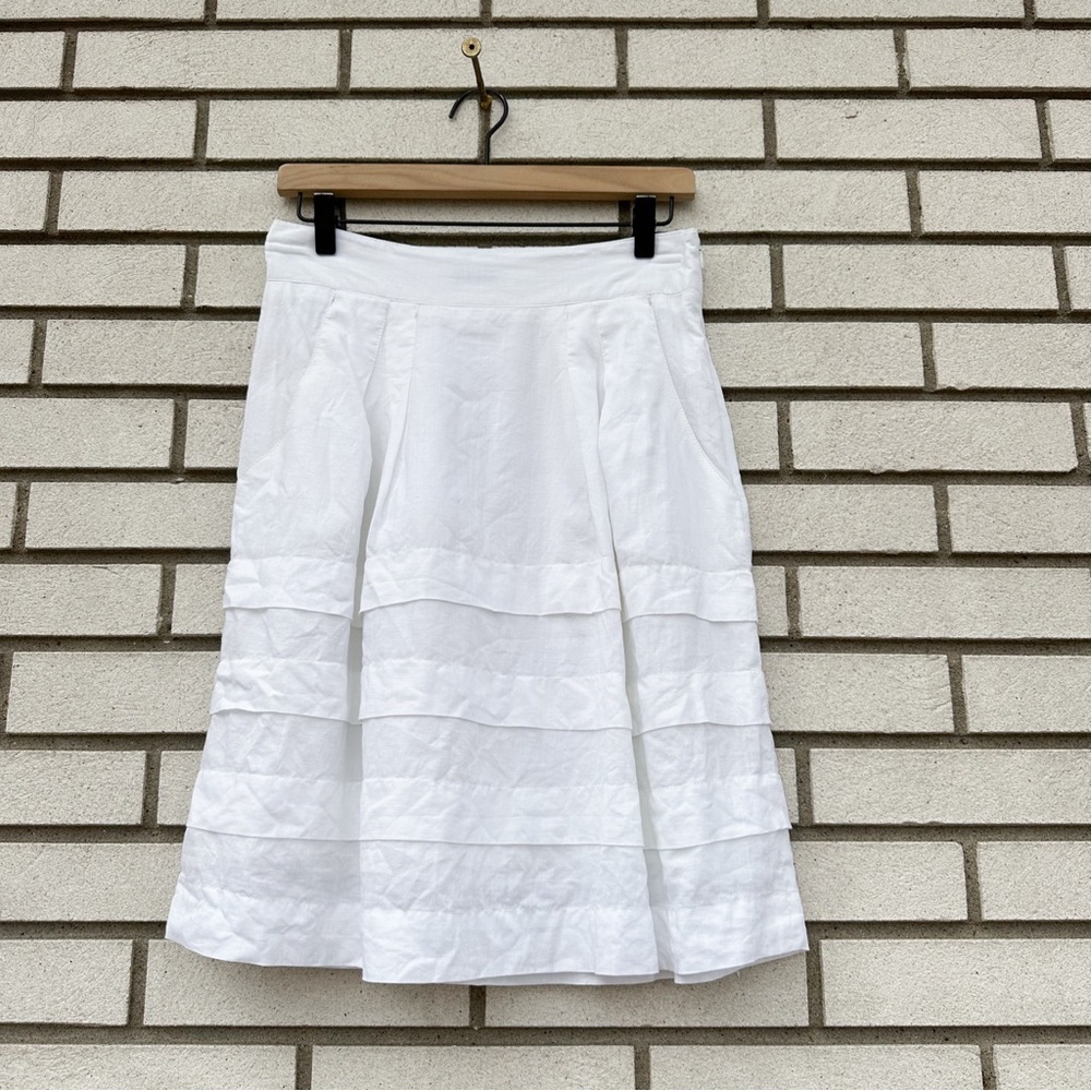 Searle 100% Linen Tiered A-Line Midi Skirt White Made USA 10 Coastal Minimalist